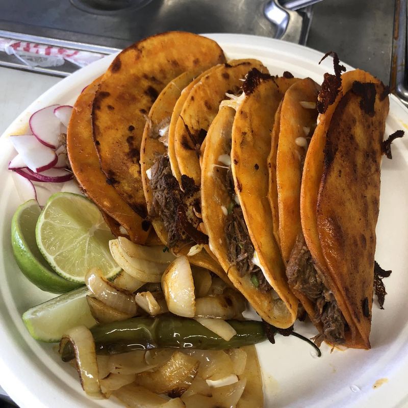 An order of crispy quesabirria tacos with grilled onions, radish and lime